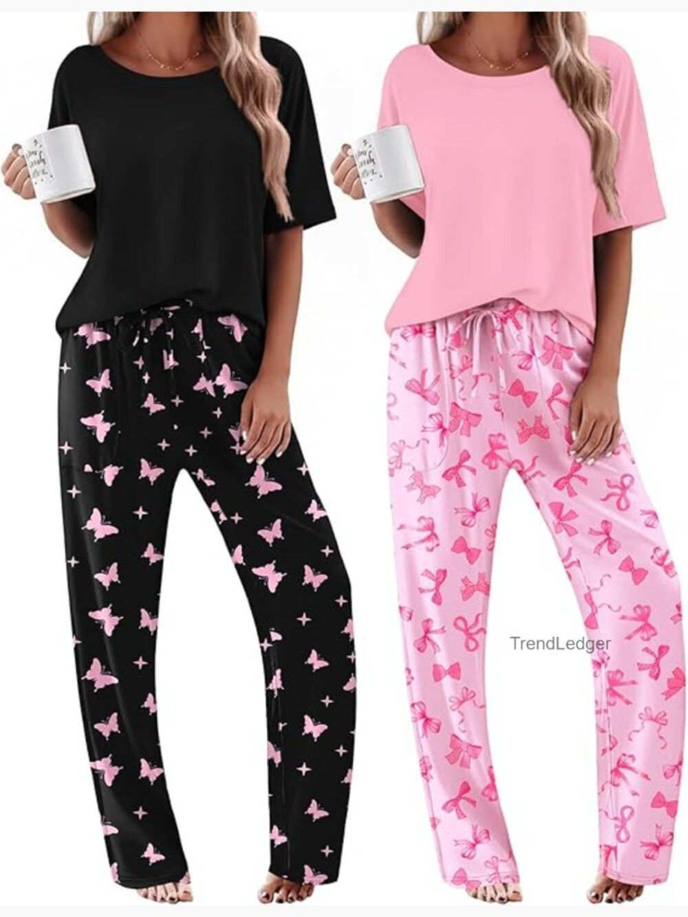 Comfy 2-Piece Pajama Set with Pockets, Short Sleeve Top & Long Pants
